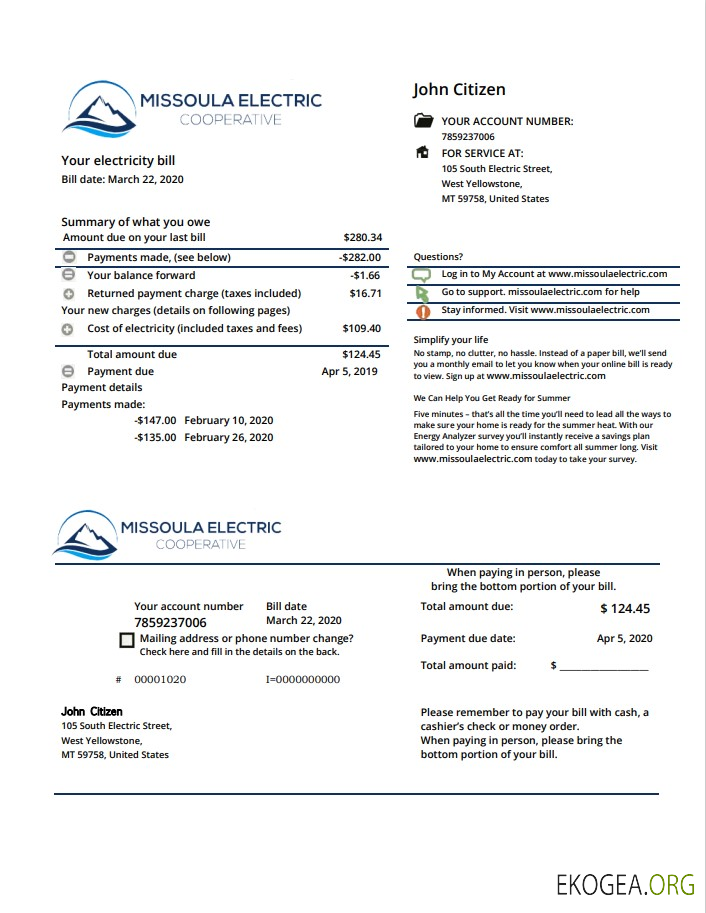USA Montana Missoula Electric Cooperative electricity utility bill template in Word and PDF format
